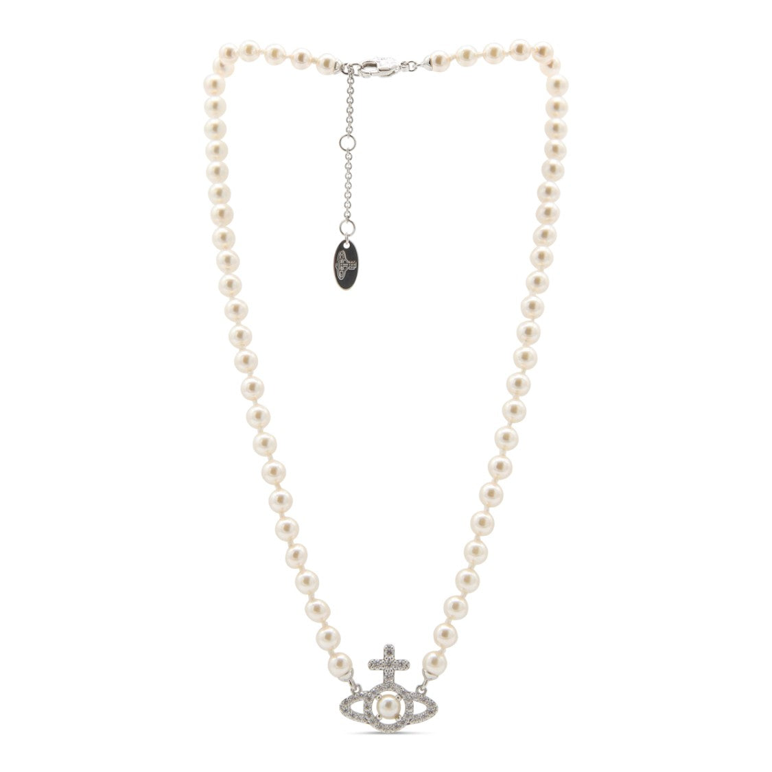 Vivienne Westwood Elegant Pearl Necklace With Silver-Tone Emblem And Adjustable Chain
