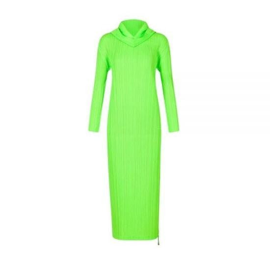 Pleats Please Long Slim-Fitting Pleated Dress With High Neckline