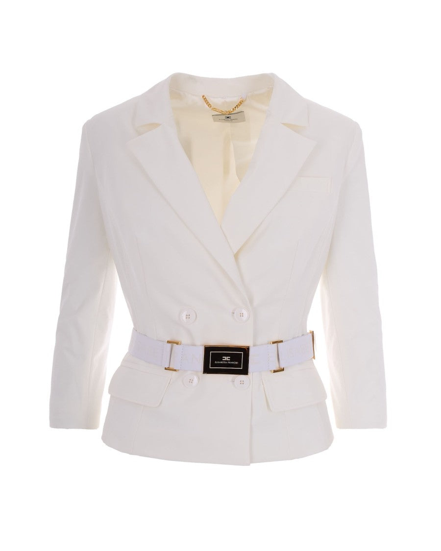 Elisabetta Franchi Ivory Bi-Elastane Blazer With Classic Lapel And Gold Accents