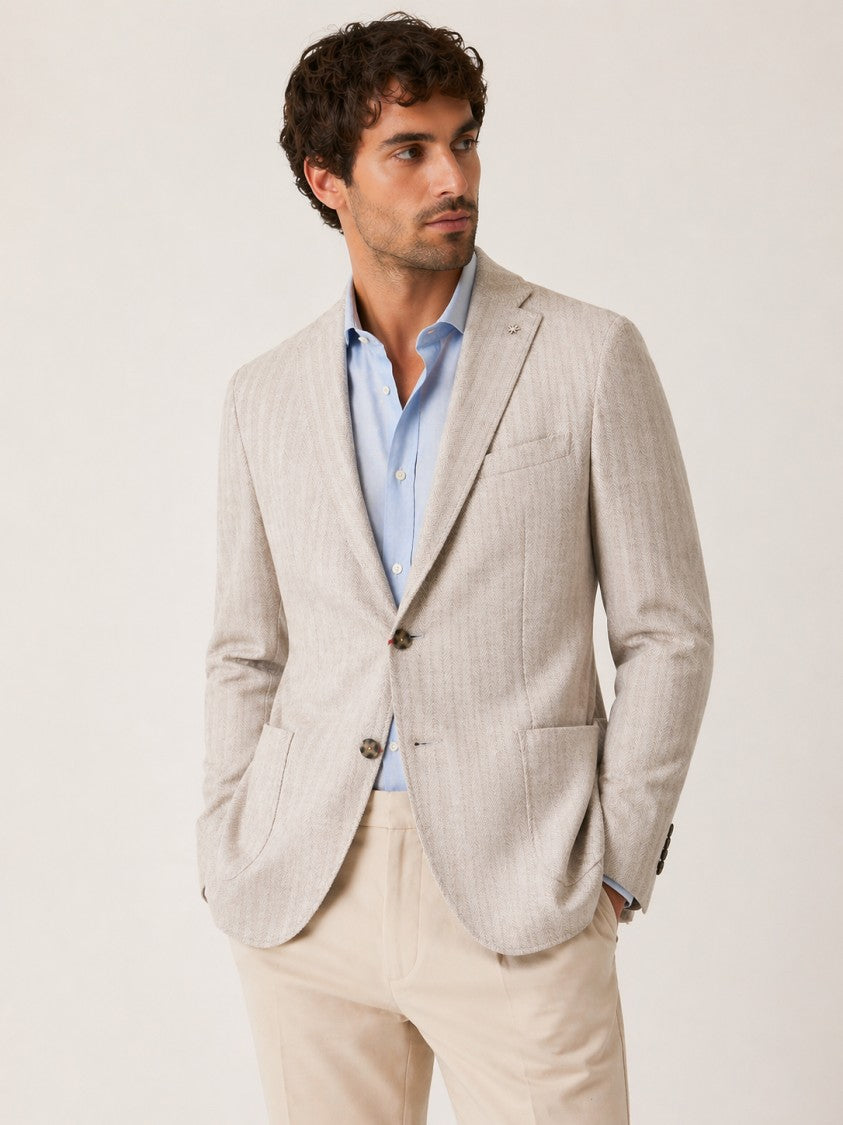 Manuel Ritz Beige Herringbone Half Lined Linen Blazer