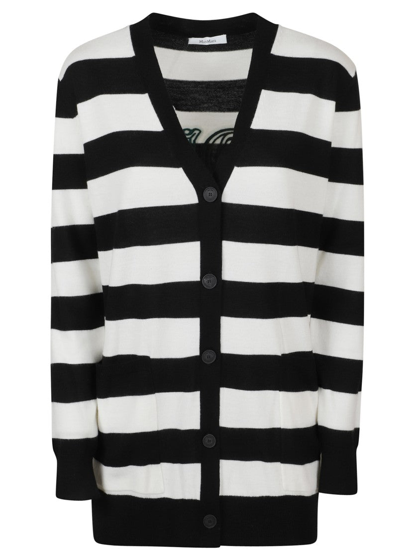Max Mara Bold Black And White Striped V-Neck Sweater With Button-Down Front