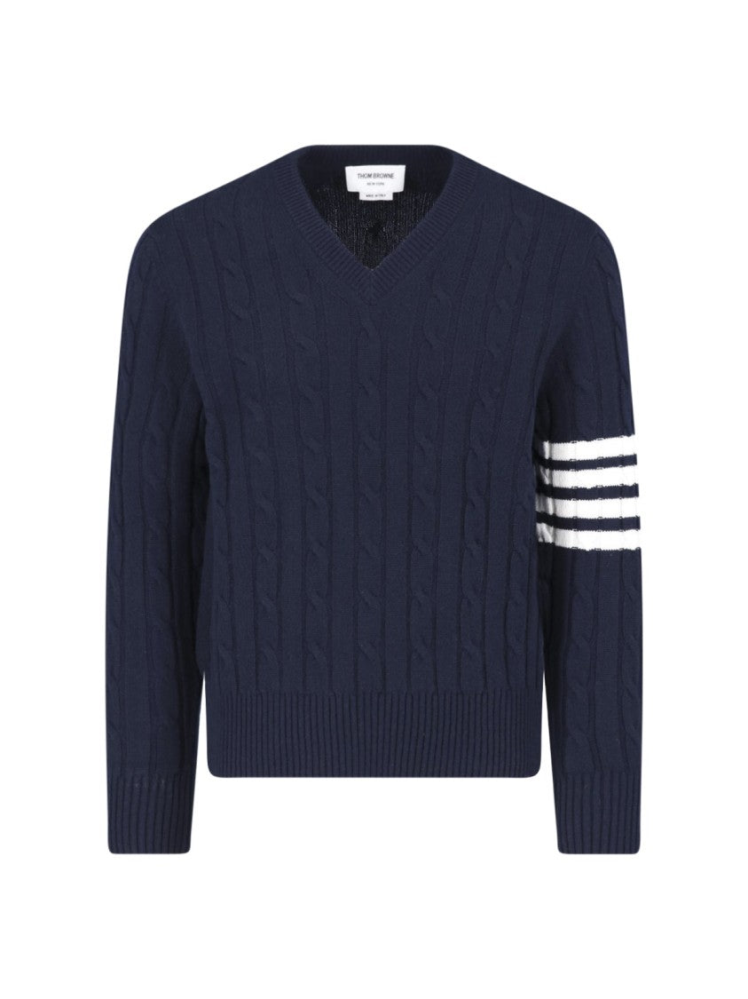Thom Browne Blue 4-Bar Cable-Knit Cashmere V-Neck Sweater