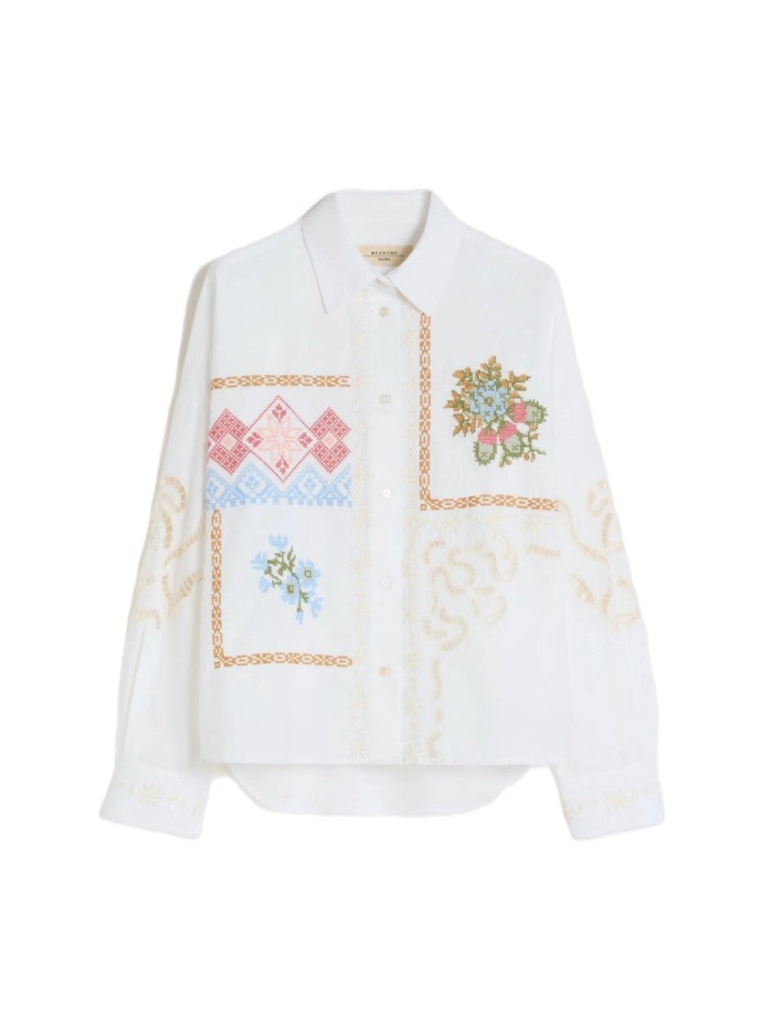 Max Mara Intricately Embroidered White Button-Up Shirt With Cropped Fit