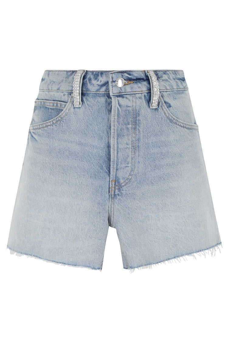 Alexander Wang Light Mid Rise Relaxed Crystal Belt-Loops Cotton Denim Shorts