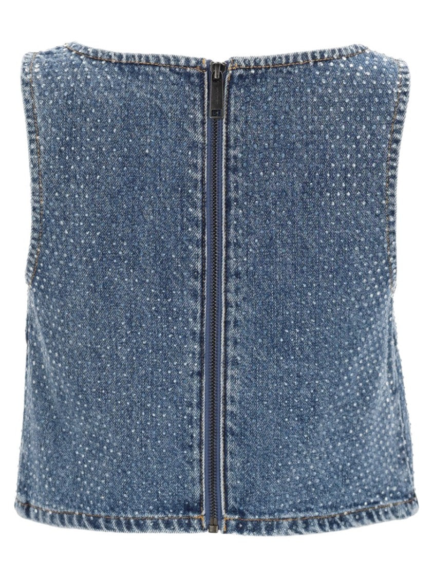 Self-Portrait Cropped Denim Rhinestones Back Zipper Top