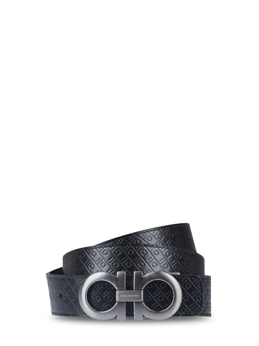 Ferragamo Textured Black Calfskin Belt With Distinctive Logo Buckle