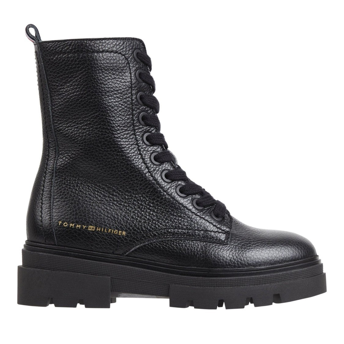 Tommy Hilfiger Black Mono Textured Lace-Up Chunky Sole Leather Boots