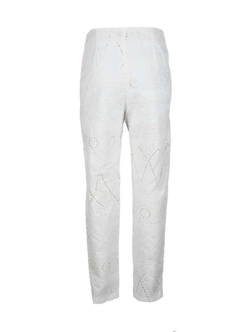 Giulia N Cropped White Cotton Trousers With Eyelet Embroidery