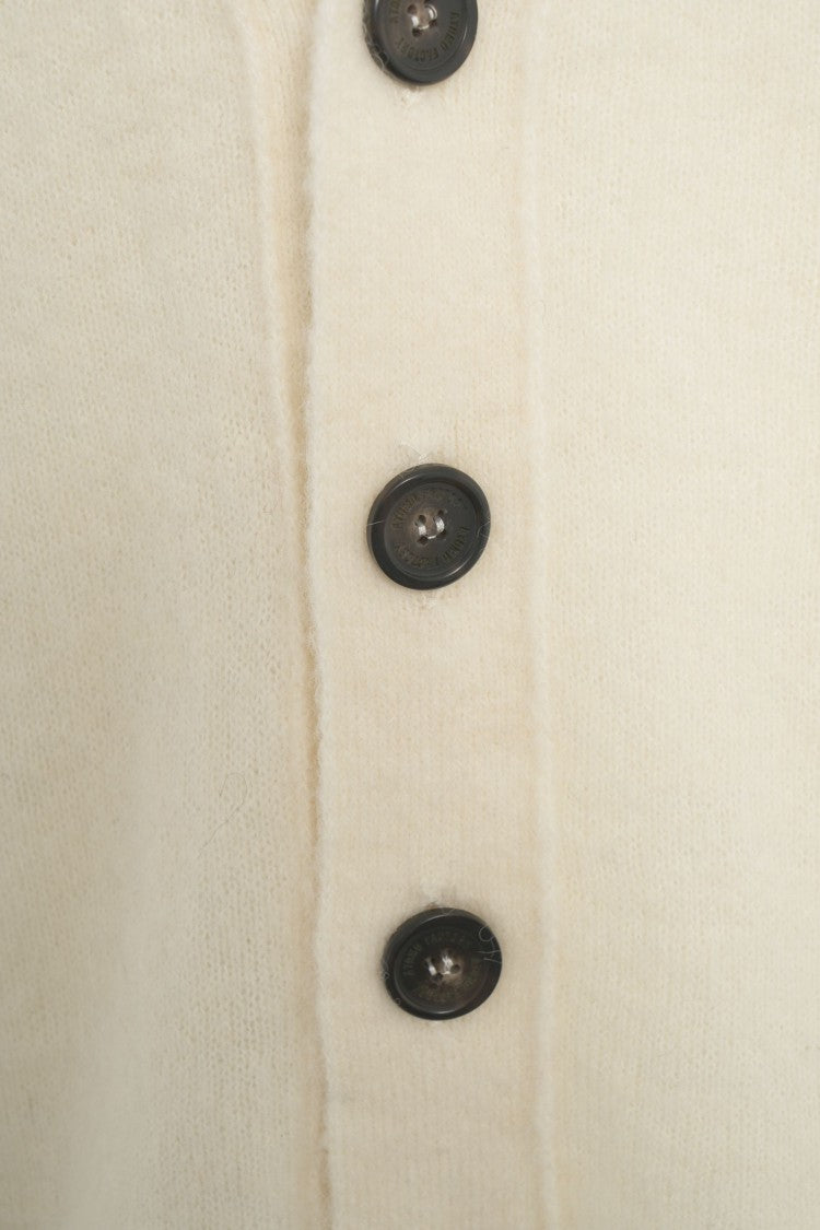 Atomo Factory White Virgin Wool Cardigan With Classic V-Neck And Button Closure