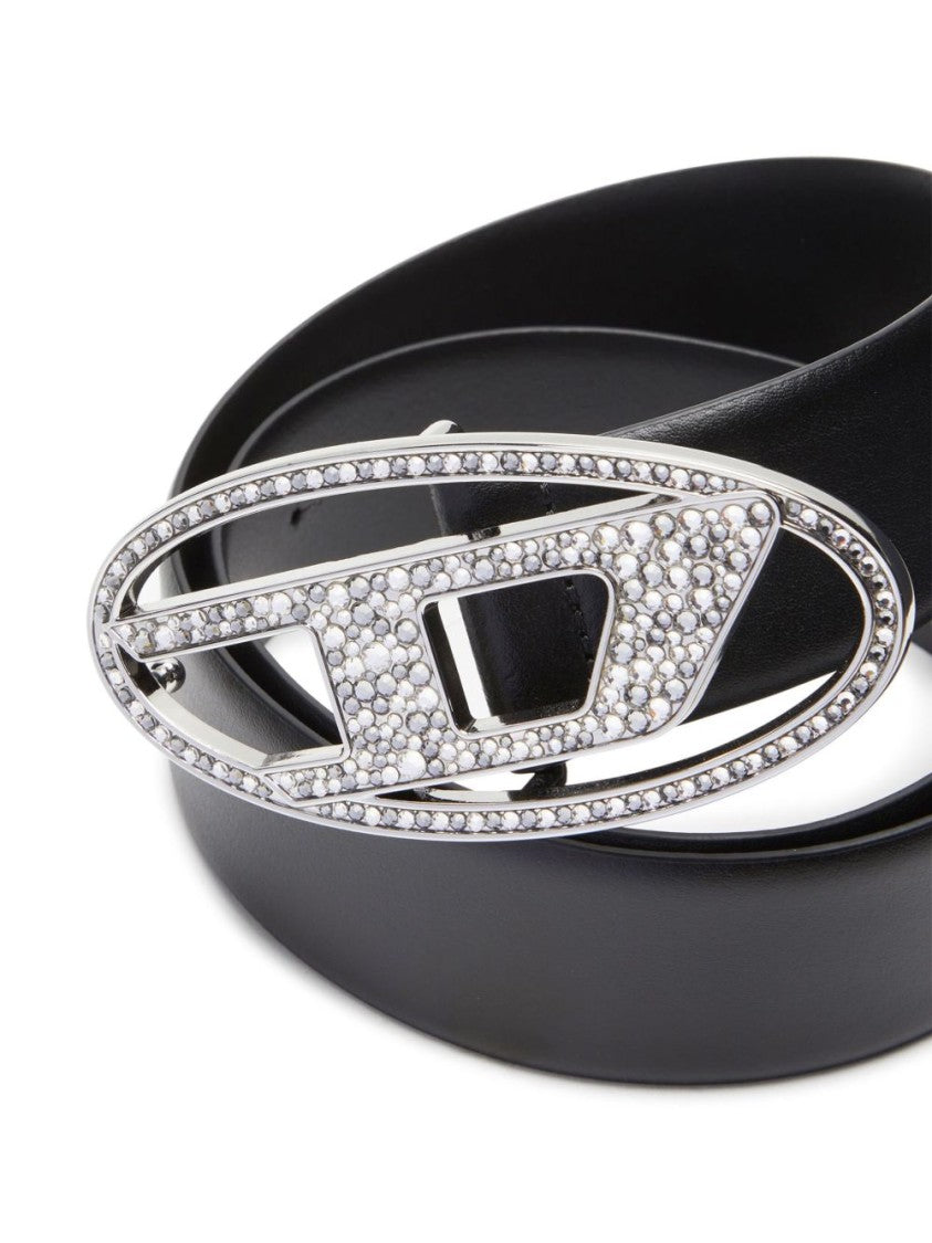 Diesel Oval Buckle Black Strap Belt With Sparkling Embellishments