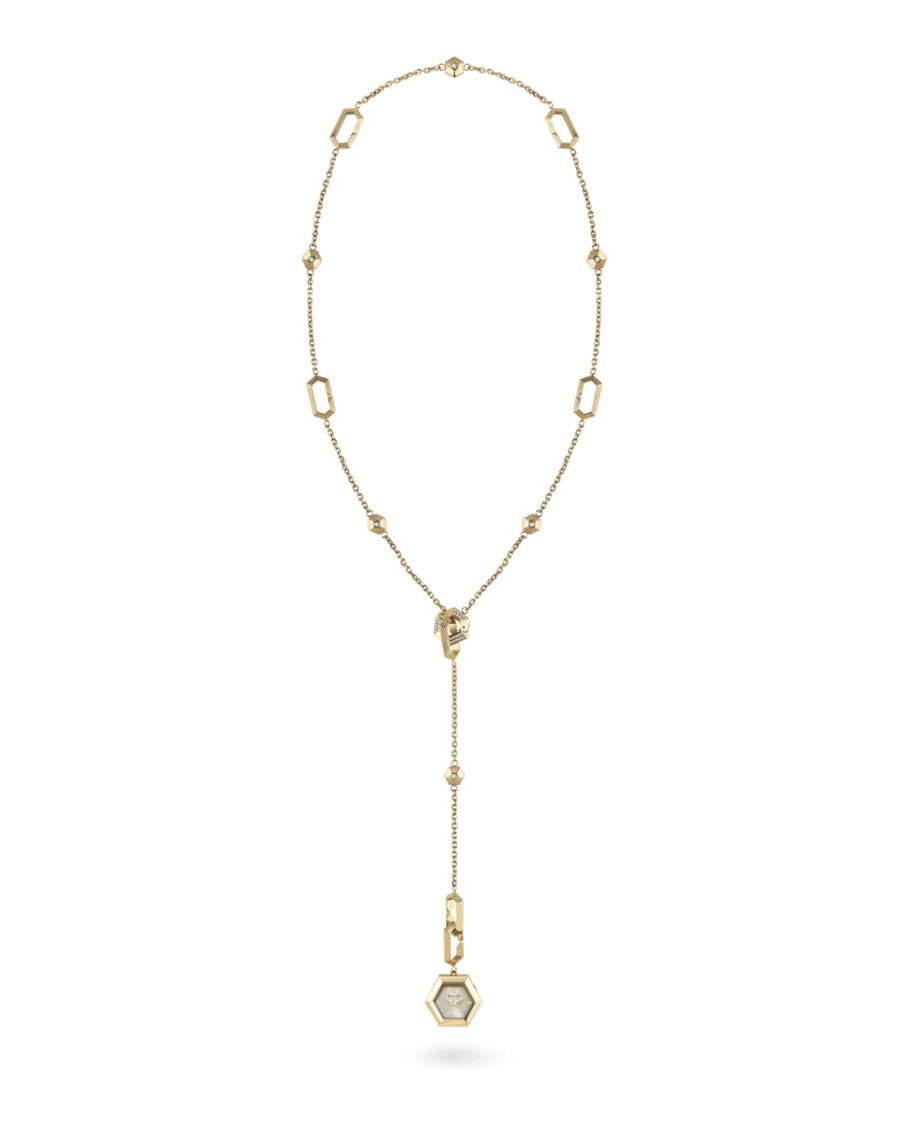 Philipp Plein Hexagon Crystal Necklace Watch With Gold Sunray Dial