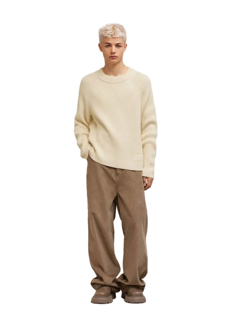Ami Paris Ecru-Beige Ribbed Crew-Neck Sweater