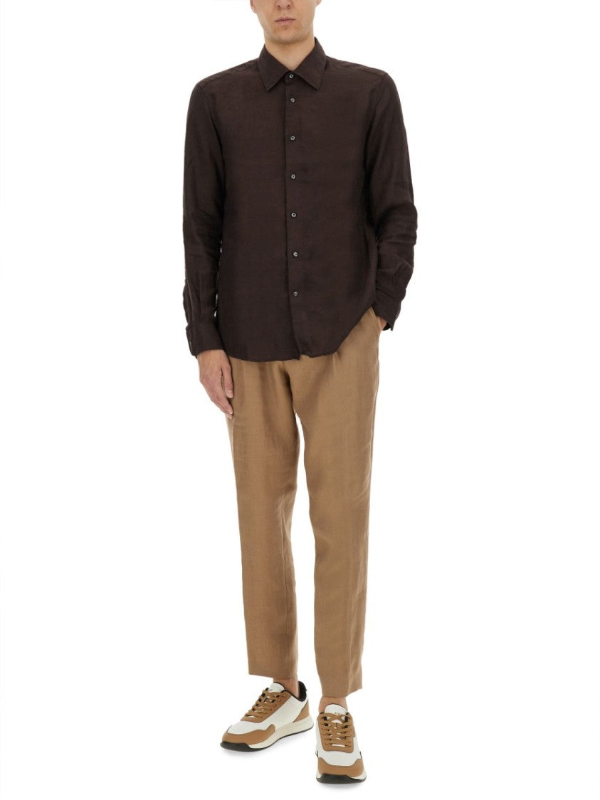 Boss Camel Brown Slim Fit Linen Shirt With Button-Down Front