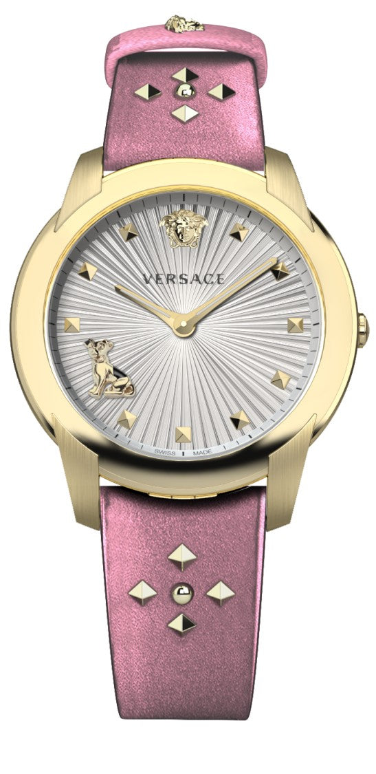 Versace Gold-Tone Stainless Steel Women's Analog Quartz Watch With Pink Calf Leather Strap