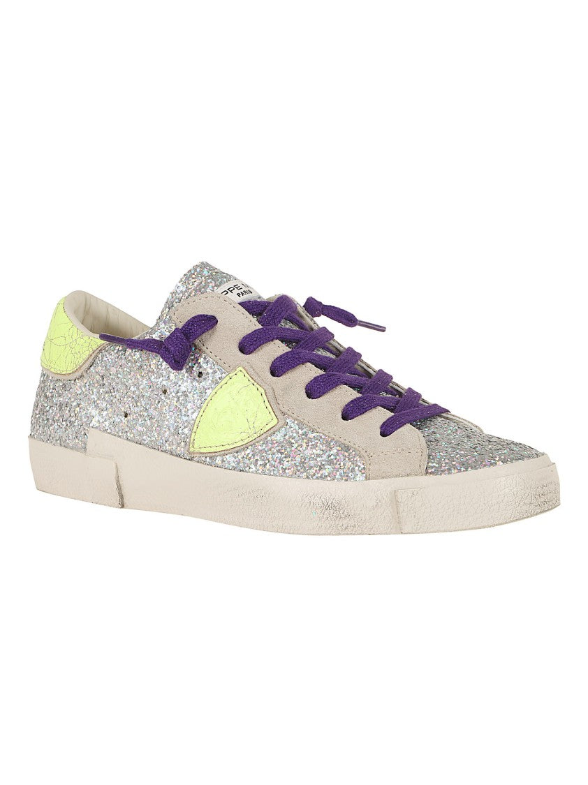 Philippe Model Silver Glitter Low-Top Sneakers With Neon Accents