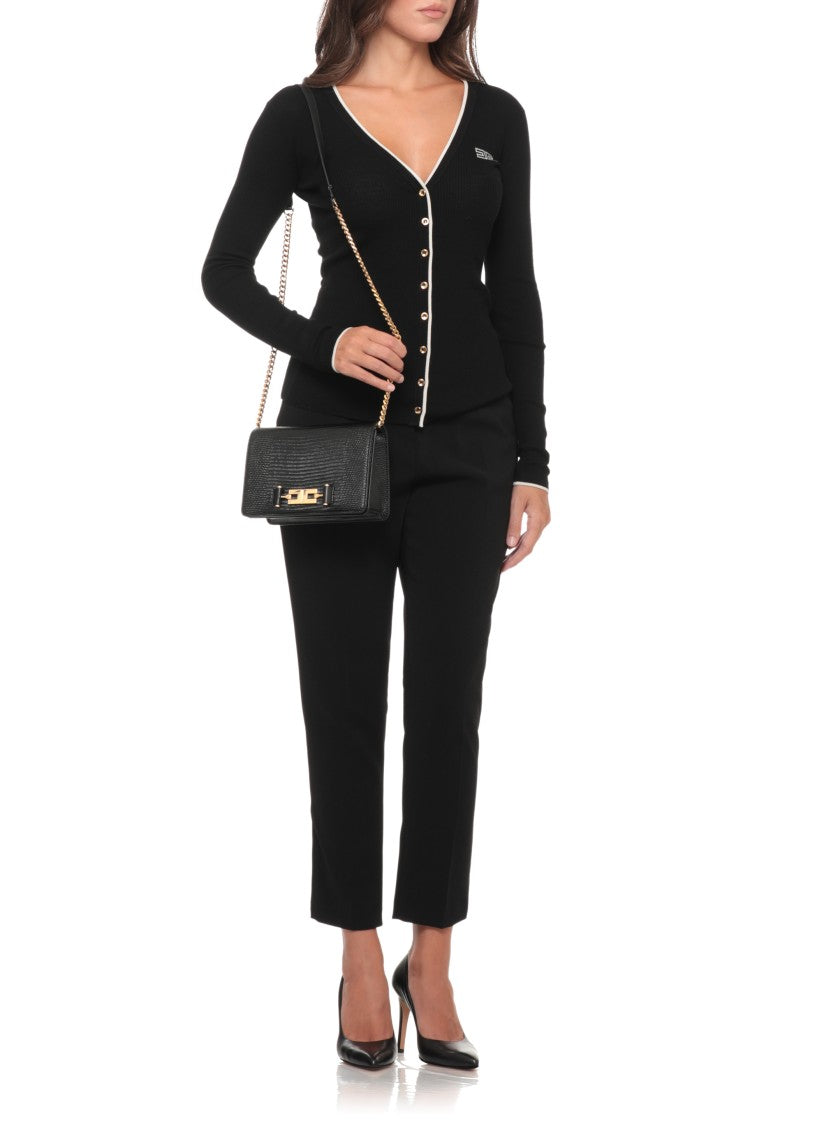 Elisabetta Franchi Fitted Black Ribbed Wool Sweater With Gold Button Accents