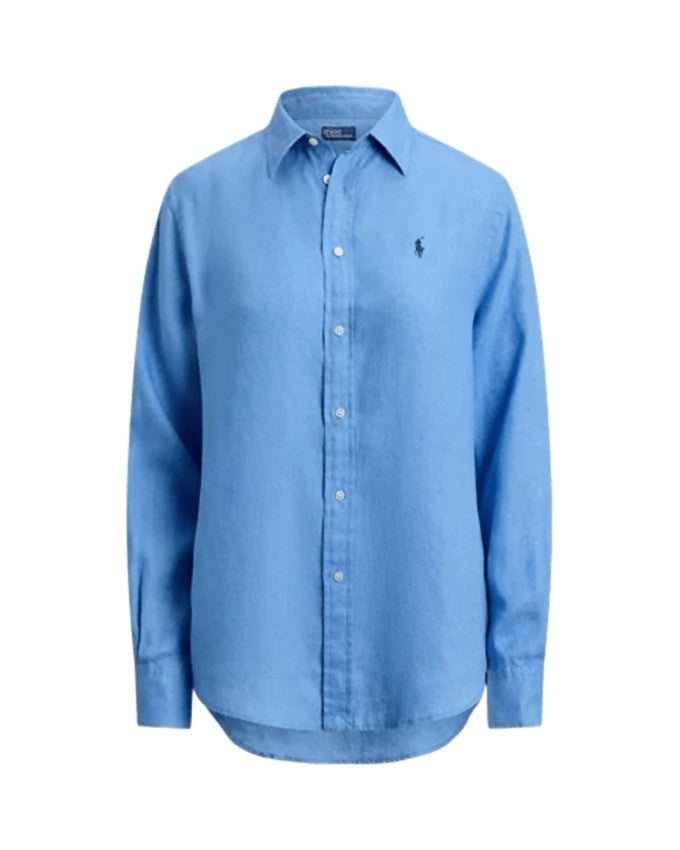 Polo Ralph Lauren Light Blue Linen Shirt With Pearl Buttons And Embroidered Detail