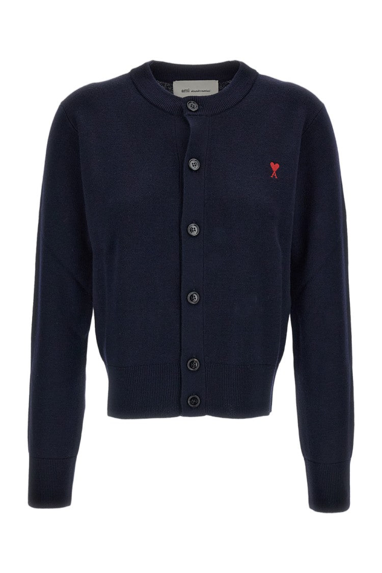 Ami Paris Blue Ami De Coeur Merino Wool Crewneck Cardigan