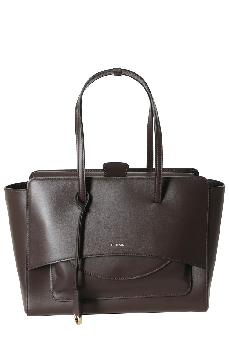 Hidesins Dark Brown Structured Flap L Gold Logo Leather Tote Bag