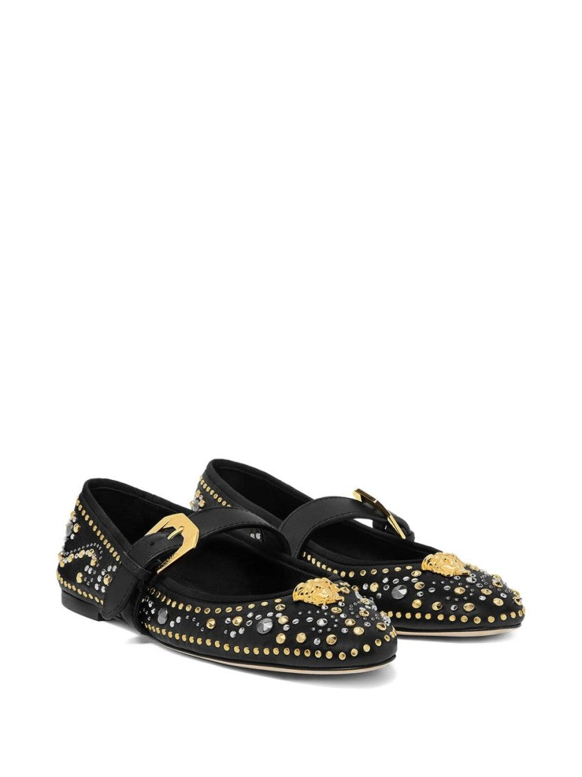 Versace Studded Black Flats With Gold Medusa Detail