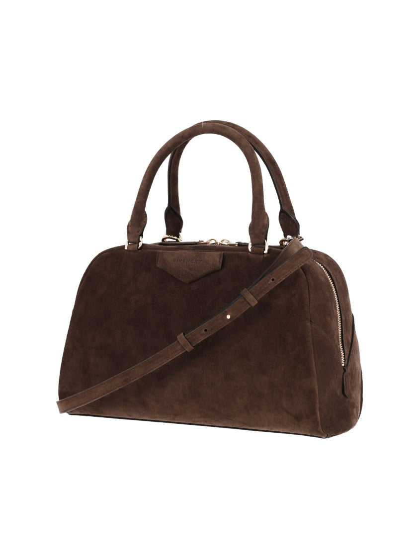 Givenchy Brown Structured Suede Gold Zipper Handbag