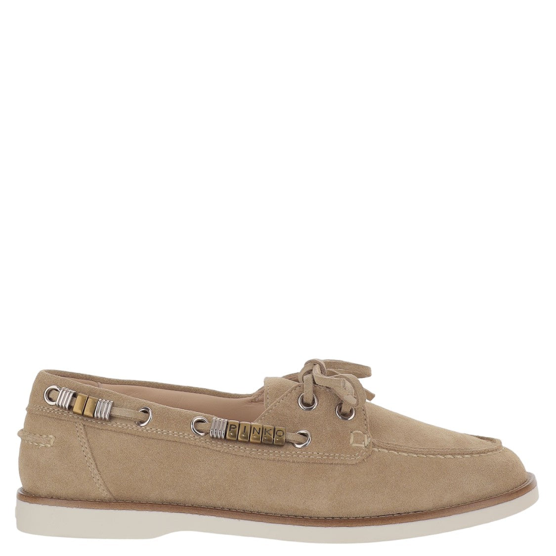 Pinko Beige Leather Loafers With Metal Eyelet Detailing