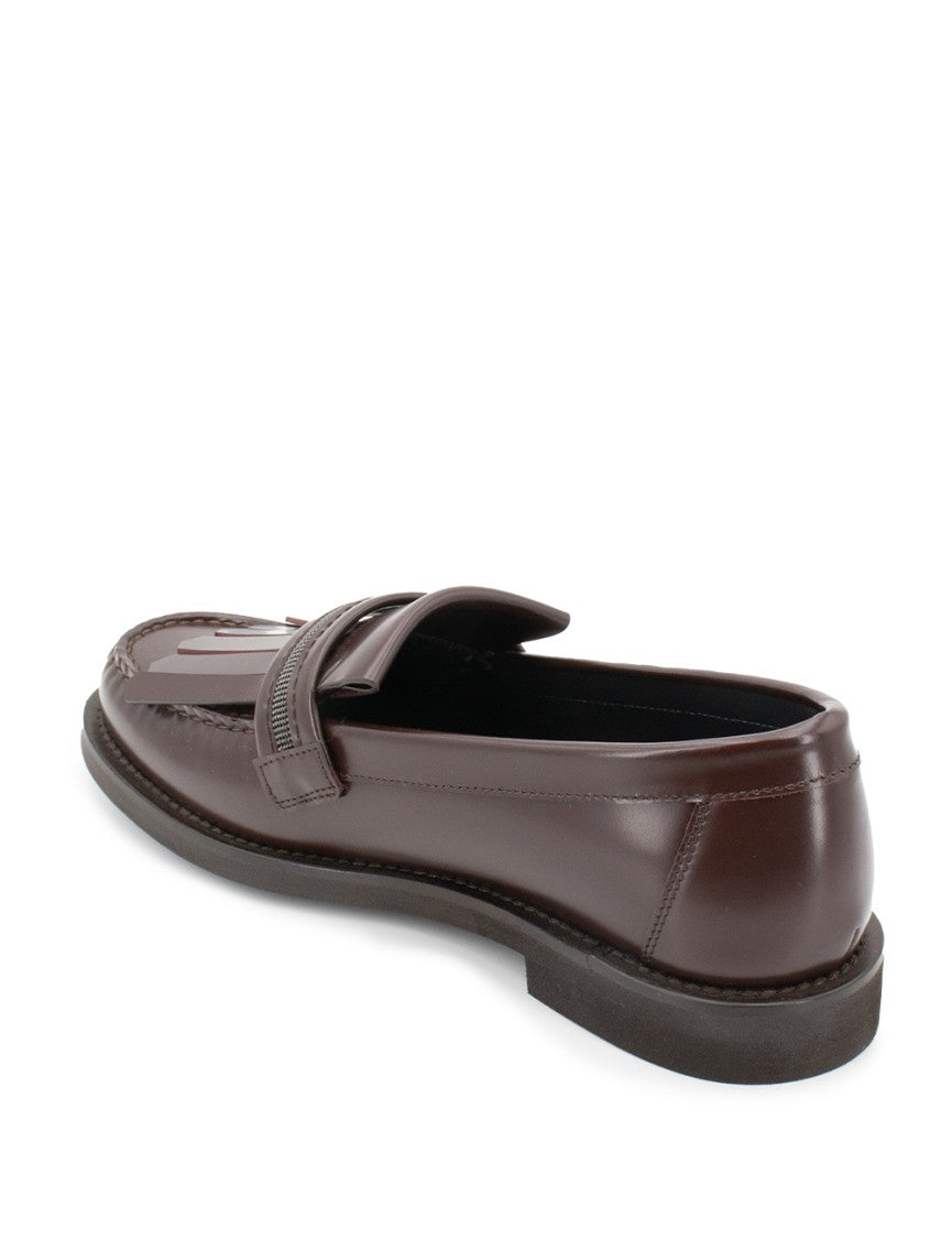 Brunello Cucinelli Burgundy Leather Moccasins With Decorative Fringe Detail