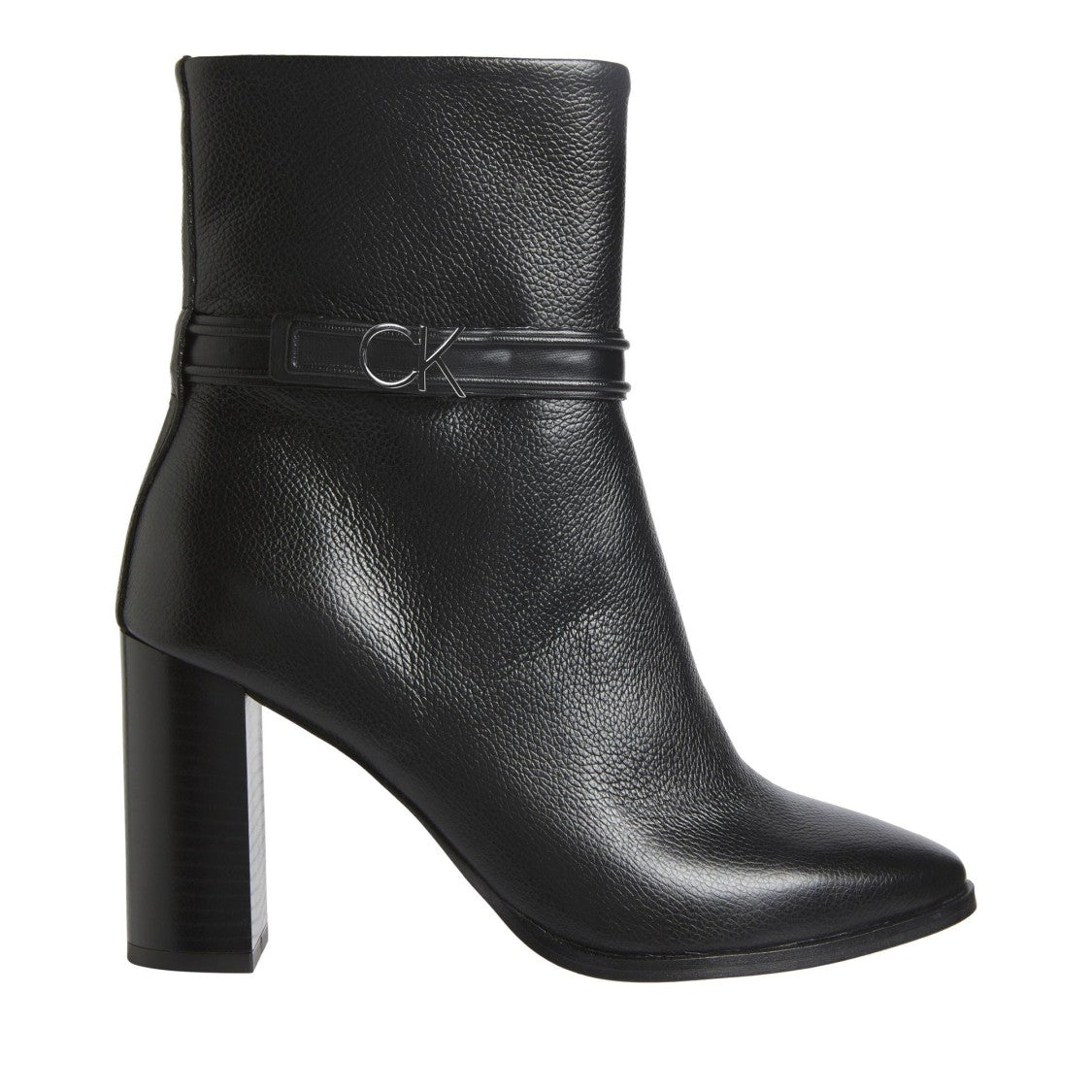 Calvin Klein Black Pointed Toe Block Heel Logo Detail Leather Boots
