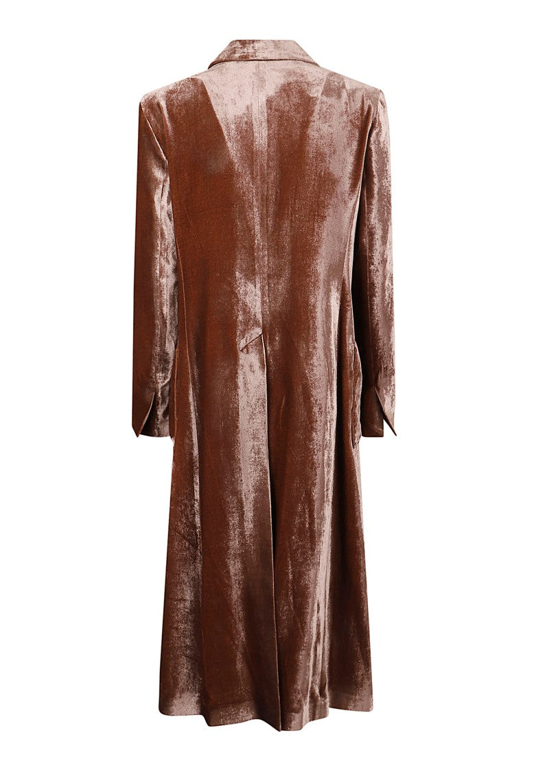 La Double J Glossy Velvet Duster Coat With Double-Breasted Closure And Tailored Silhouette