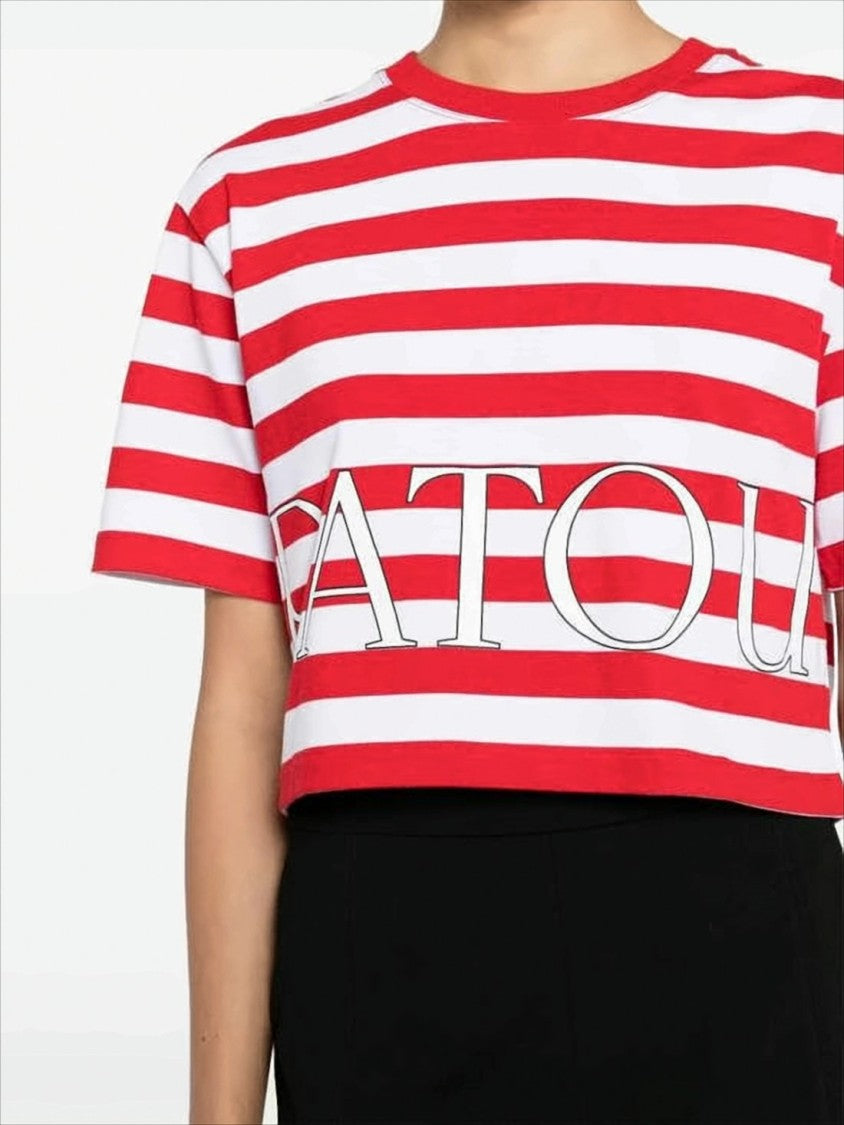 Patou Cropped Short-Sleeve Striped T-Shirt With Logo Print