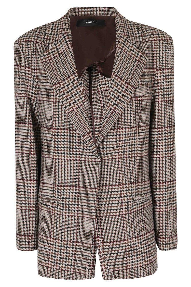 Federica Tosi Brown Plaid Oversized Notch Collar Wool-Blend Blazer