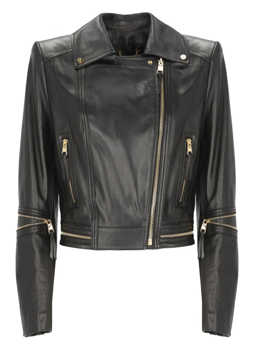 Elisabetta Franchi Cropped Black Leather Jacket With Gold Zipper Details