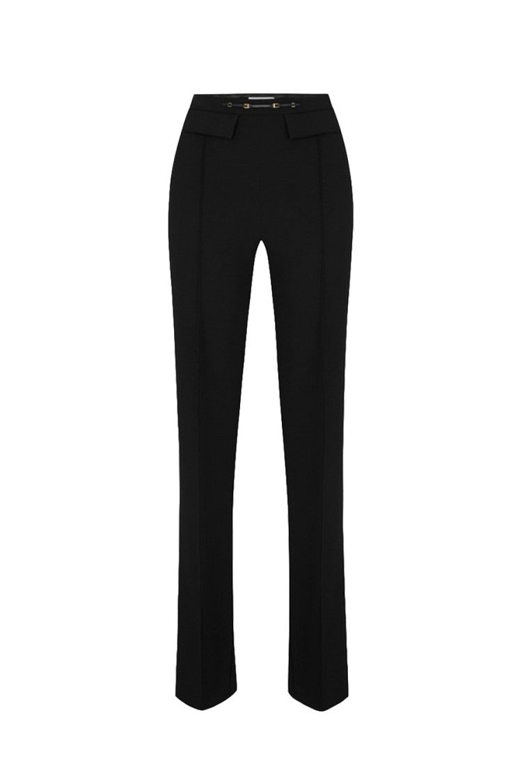 Elisabetta Franchi Navy Polyester-Elastane Blend Buckle-Waist Trousers