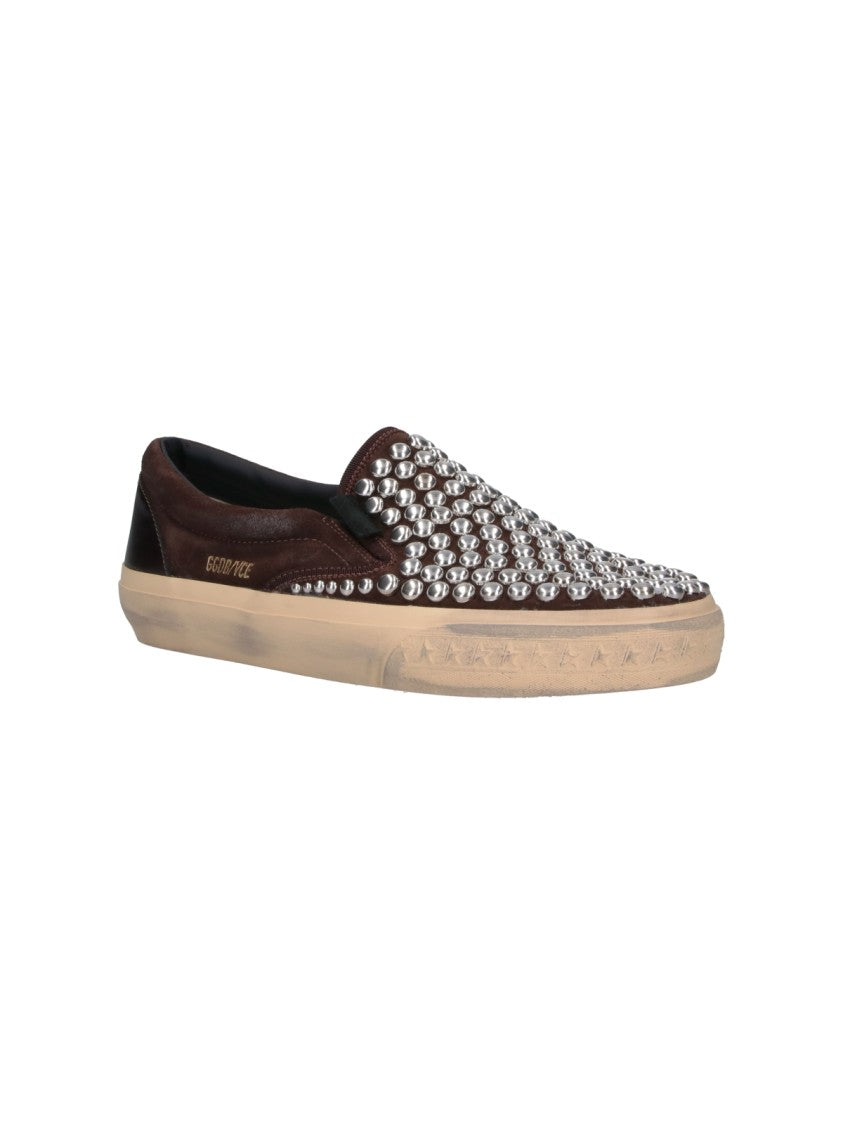 Golden Goose Dark Brown Slip-On Sneakers With Silver-Studded Design