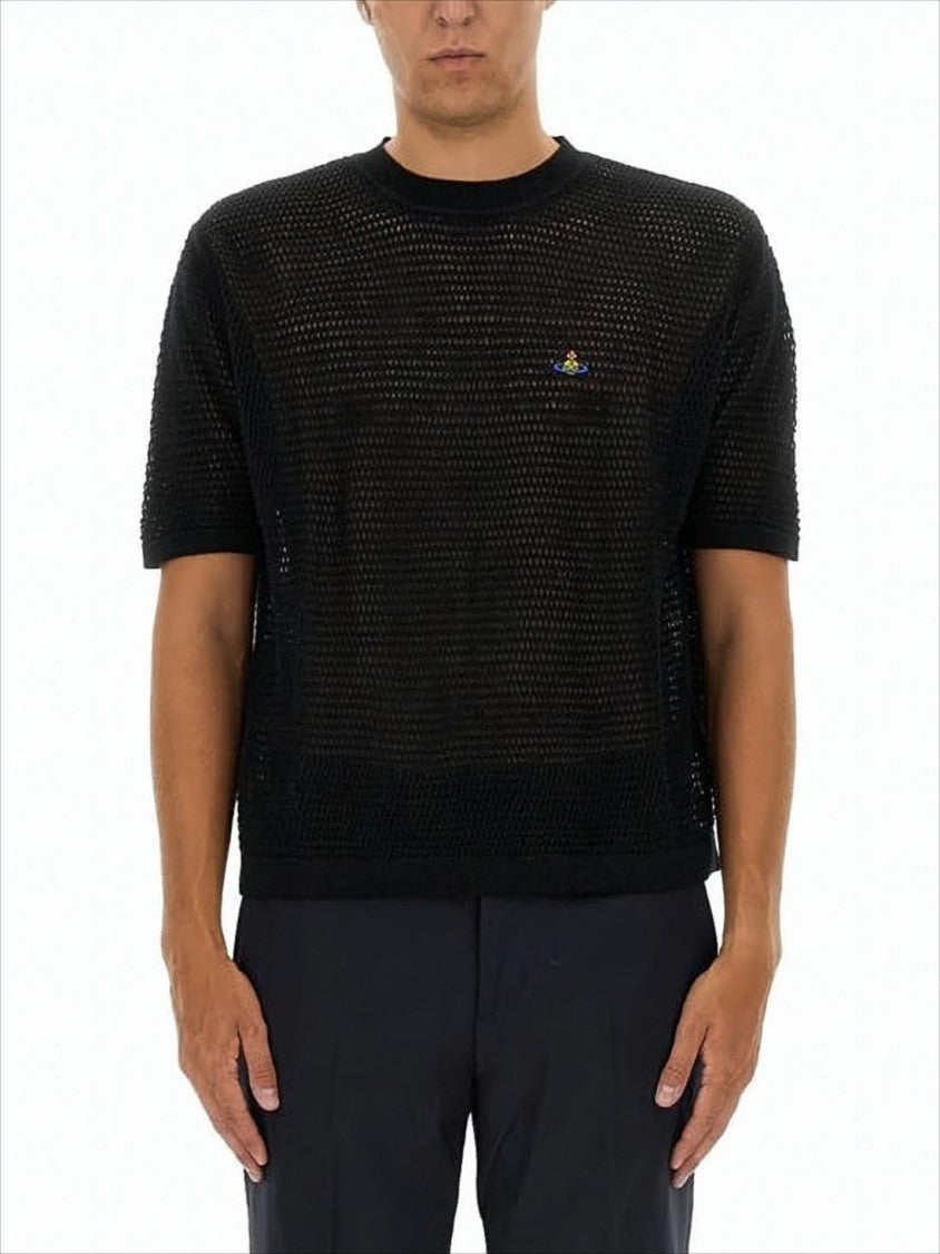 Vivienne Westwood Open-Knit Short Sleeve Sweater With Embroidered Logo