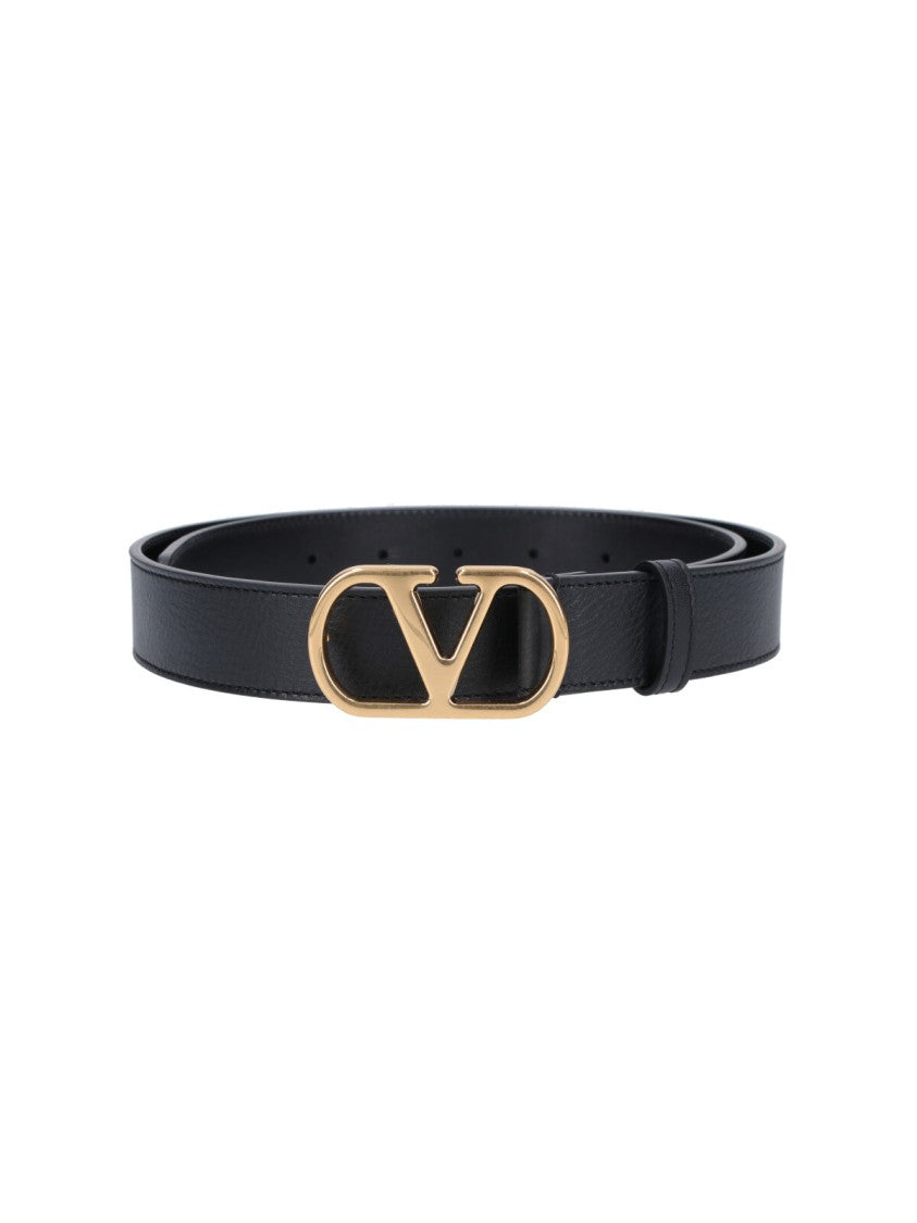 Valentino Garavani Sleek Black Belt With Gold-Tone 'V' Buckle