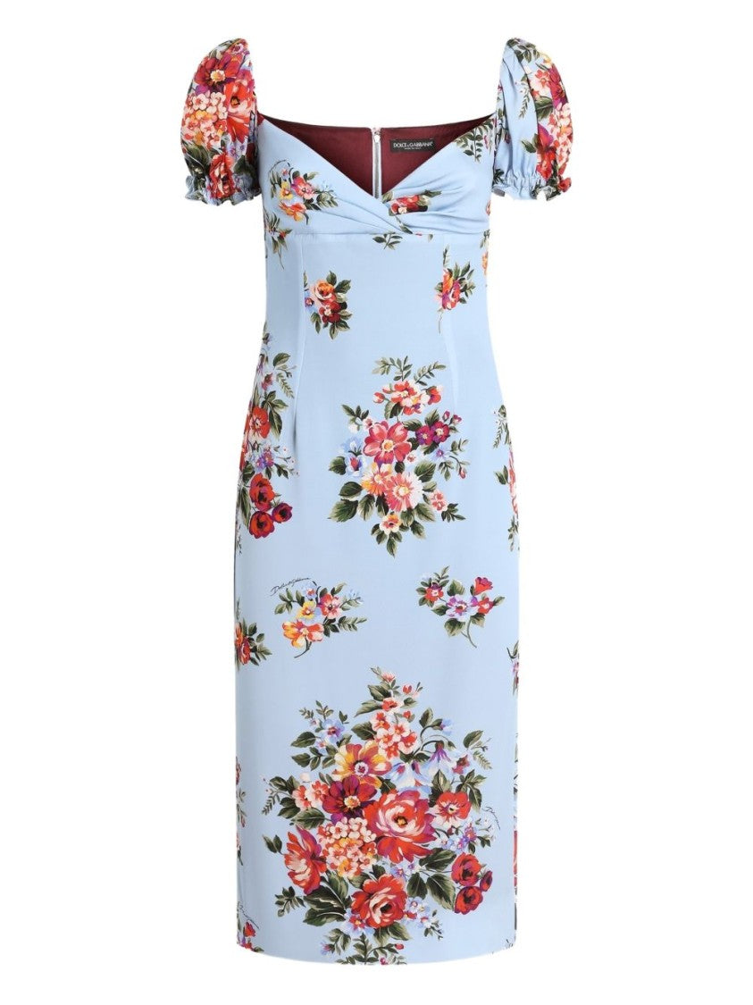 Dolce & Gabbana Blue Flower Bouquet Printed Dress