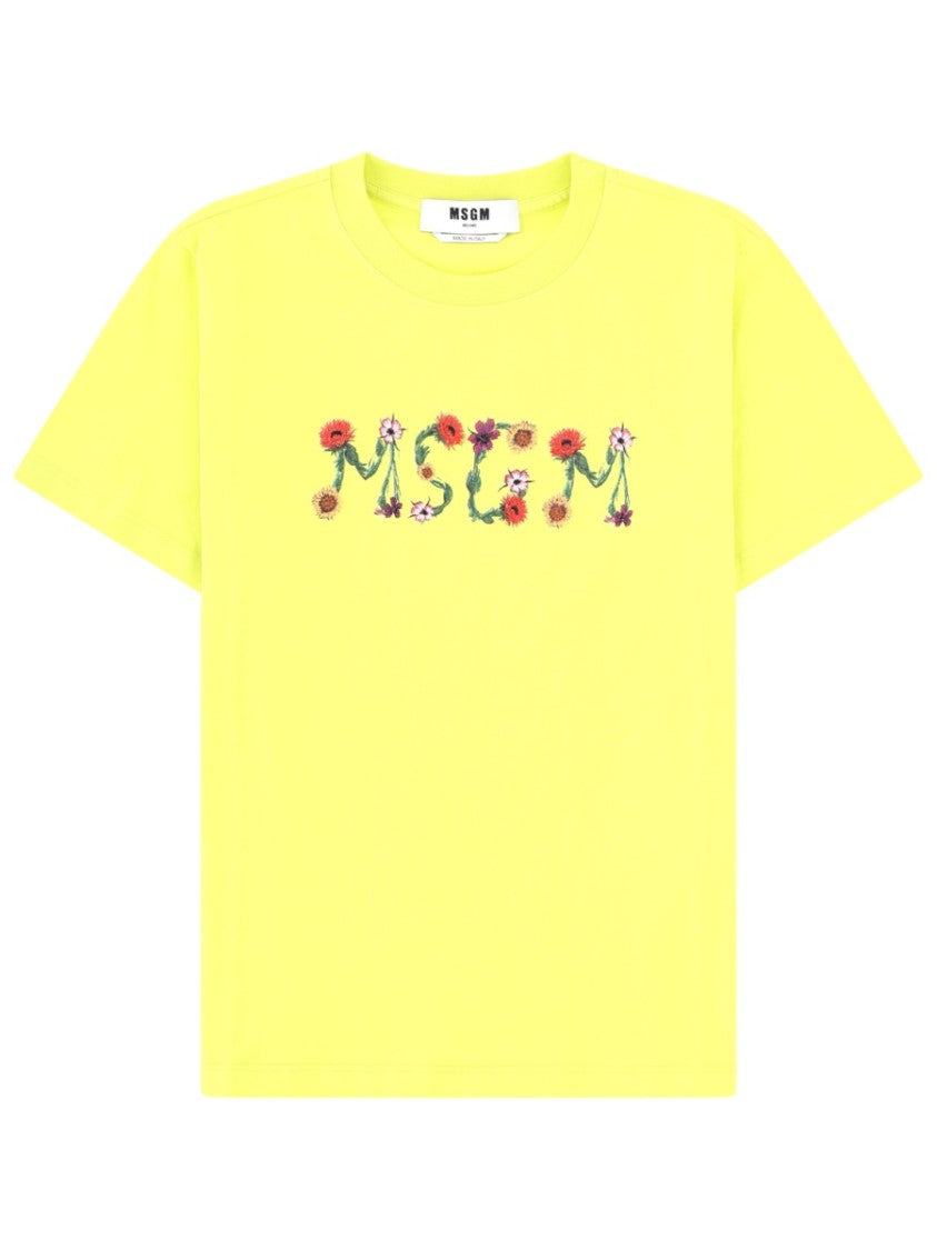 Msgm Neutrals Floral Themed Logo T-Shirt