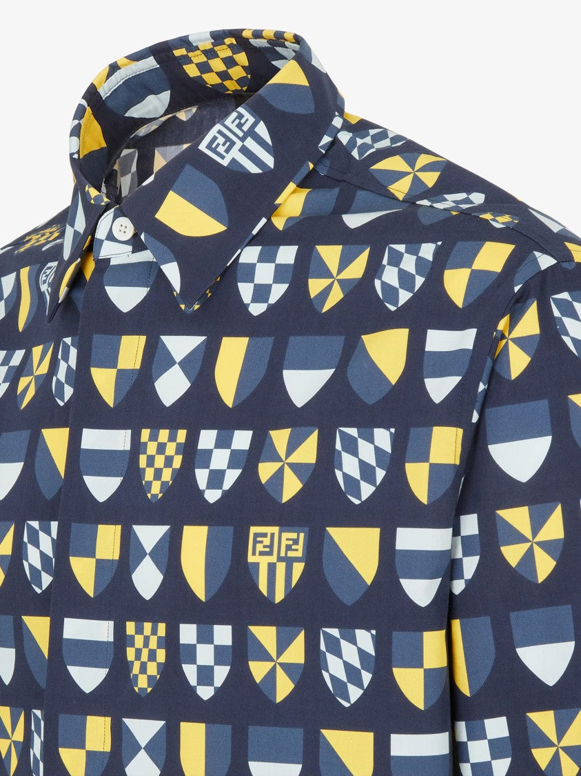 Fendi Deep Blue Geometric Shield Pattern Shirt