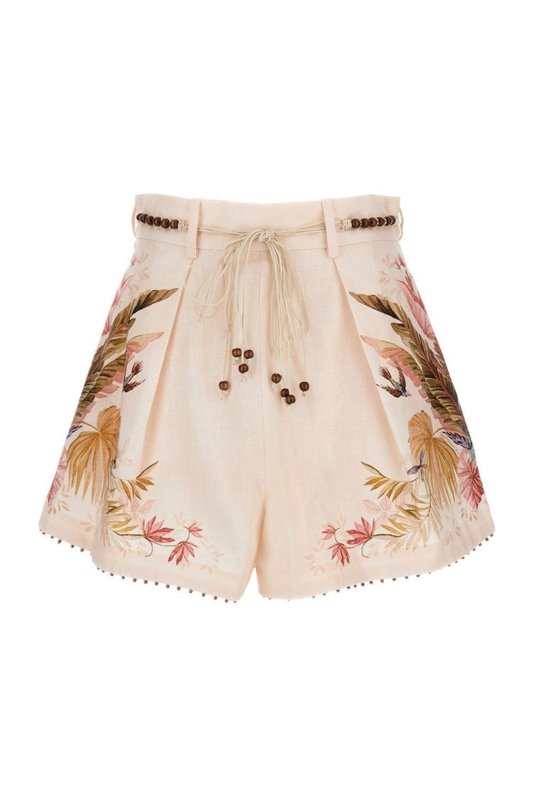 Zimmermann Floral Print Linen Shorts With Removable Waist Strap And Side Pockets