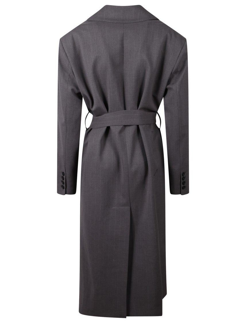 The Nina Studio Pinstripe Belted Coat With Peak Lapels And Tailored Silhouette