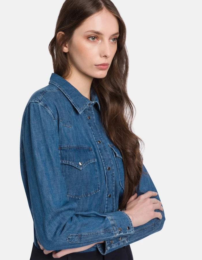 Dondup Medium Blue Wash Denim Shirt With Button-Down Front