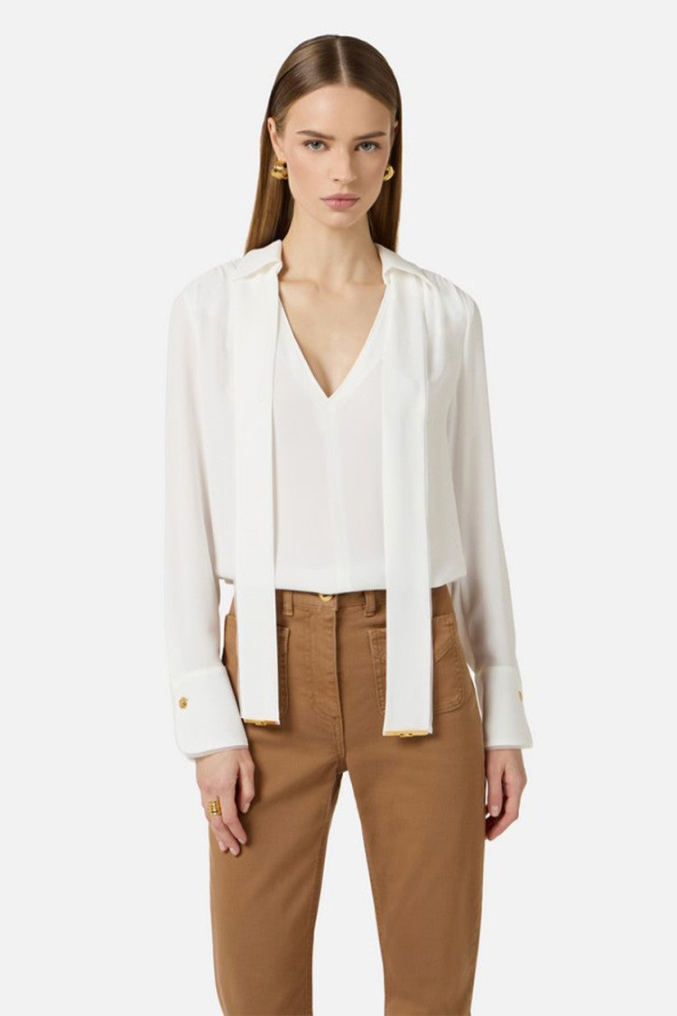 Elisabetta Franchi Ivory Sash-Tie V-Neck Gold Cuff Buttons Viscose Blouse