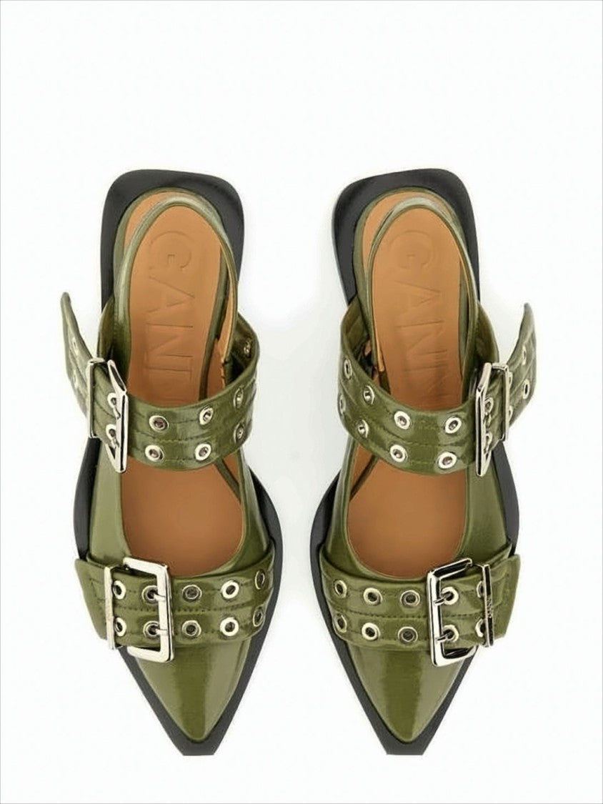 Ganni Glossy Olive Green Leather Flat Shoes With Buckle Detailing
