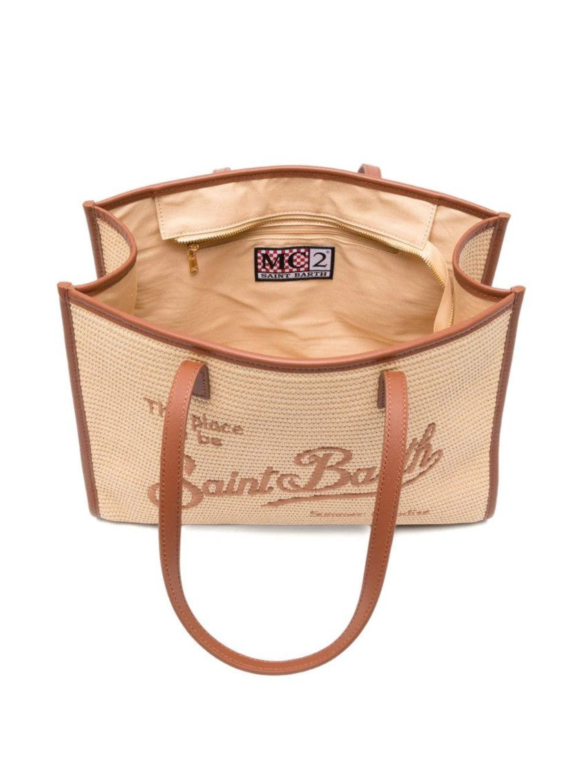 Mc2 Saint Barth Rectangular Woven Tote Bag With Embroidered Text