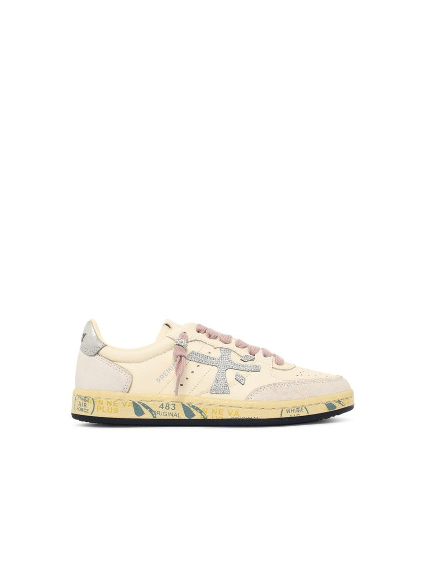 Premiata Ivory White Leather Sneakers With Glitter Side Insert And Logo Detail