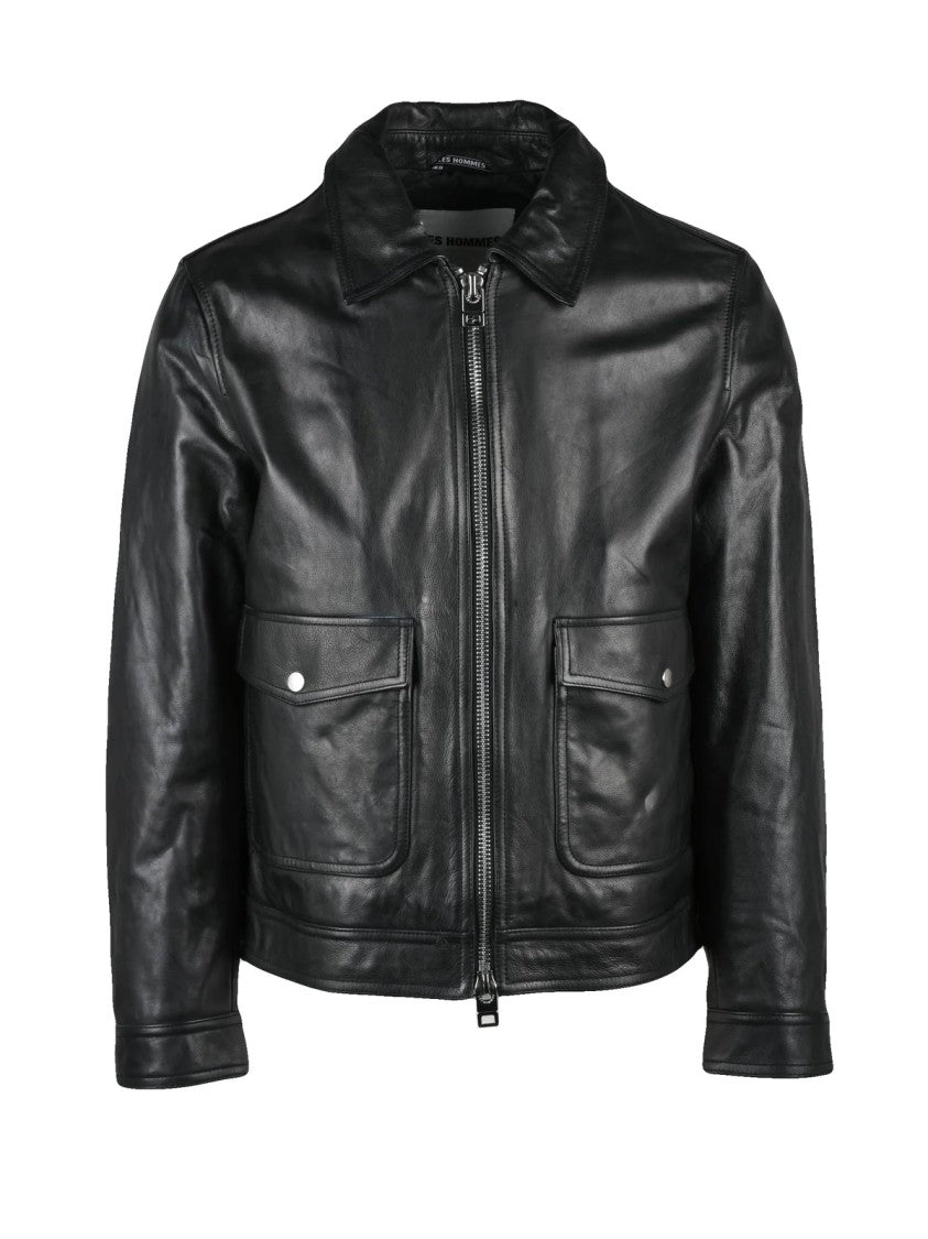 Les Hommes Cropped Black Jacket With Minimalist Design And Zip Closure