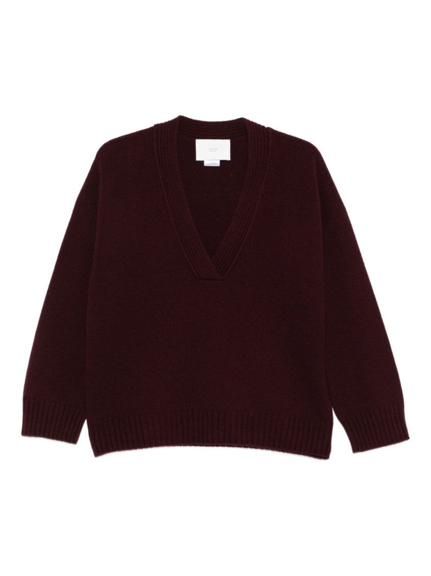 Vanisé V-Neck Bordeaux Sweater With Ribbed Detailing