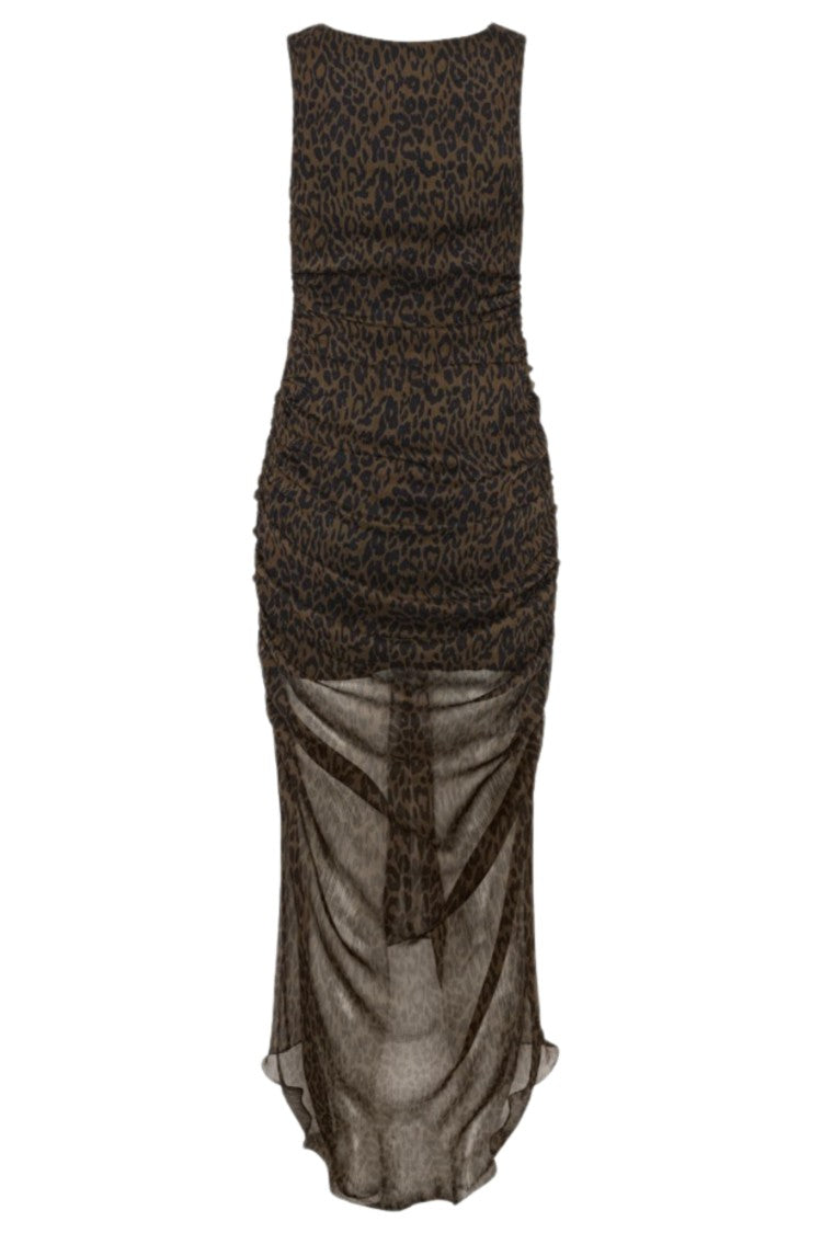 Rotate Brown Ruched Draped Leopard Print Midi Dress