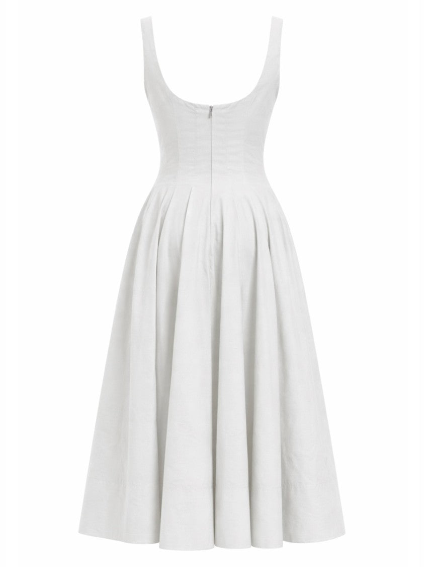 Staud Wells Midi Square Neck Pleated Dress